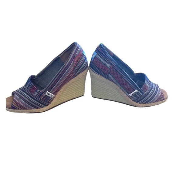 TOMS‎ Women's Espadrille Wedge Multi Stripe Peep Toe W5.5 - Picture 5 of 6